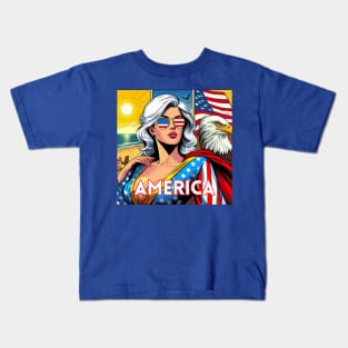 America Female Superhero Patriotic Beach Bald Eagle Kids T-Shirt